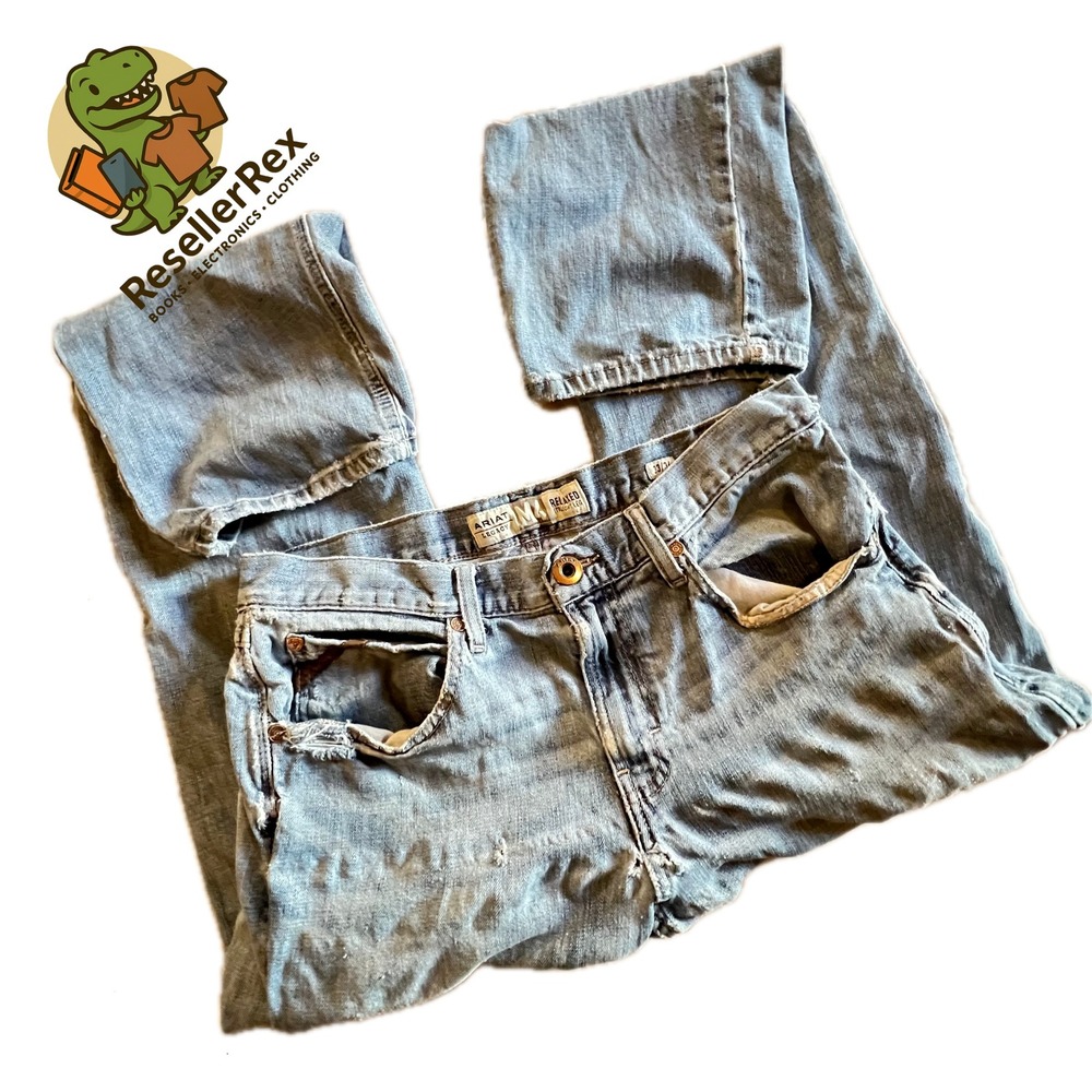 ARIAT Mens Relaxed Straight‎ Leg Light Wash Distressed Denim Jeans Size 33x34